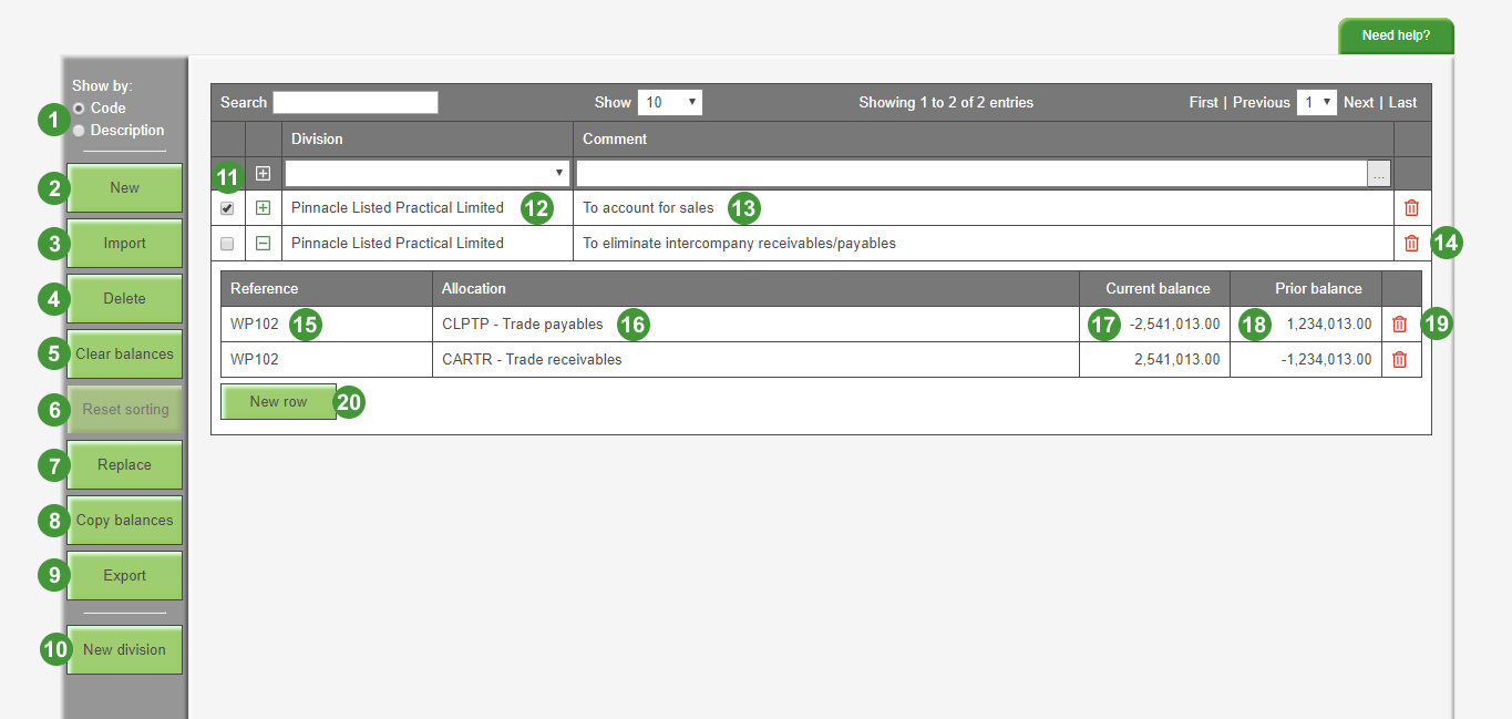 Image shows the Adjustments screen in the software. The on-screen options have been labelled with numbers which correspond to the numbers in the table below.